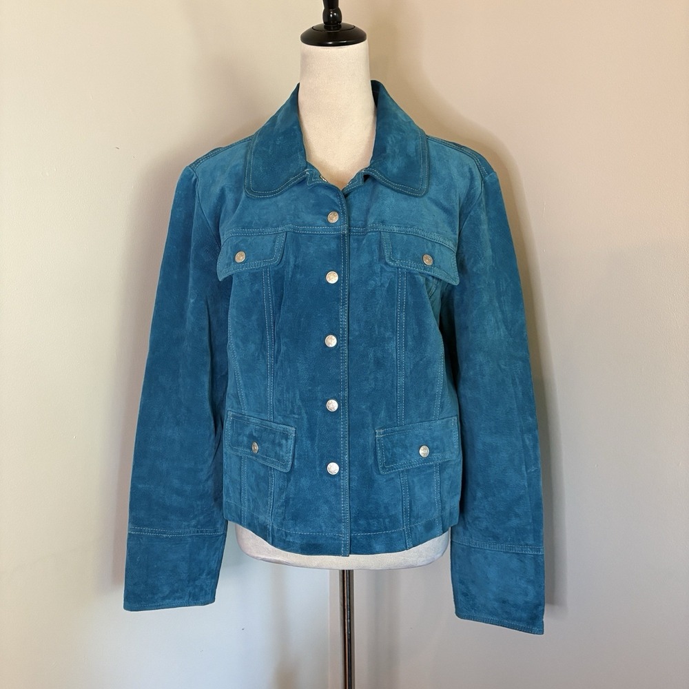 VTG ARIA Teal Suede Leather Jacket Large L Y2K Western Trucker Blue Washable